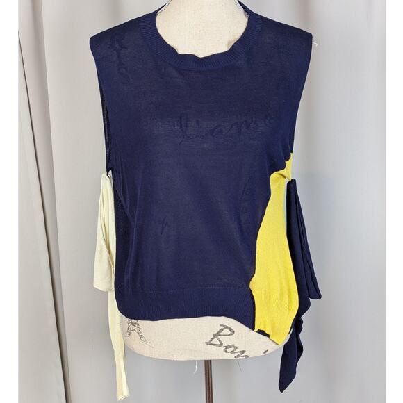 Wool Blend Cutout Color Block Deconstructed Sweater Blue and Yellow Small - Picture 4 of 14